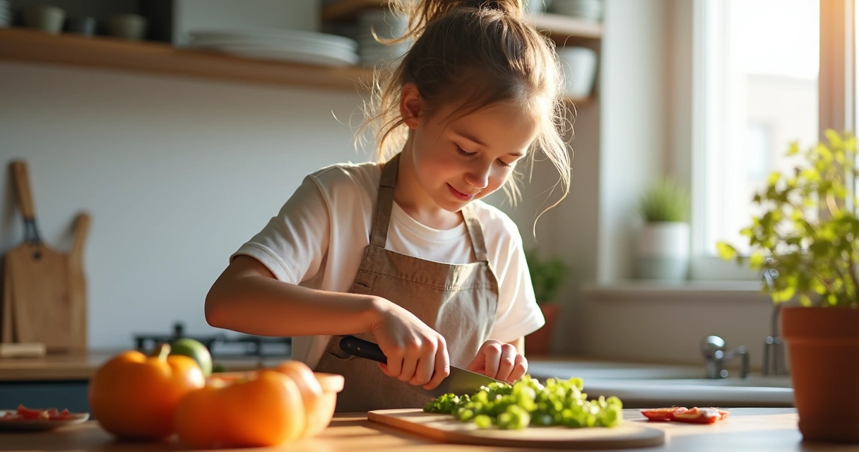 Adolescente cozinhando como parte das tarefas domésticas