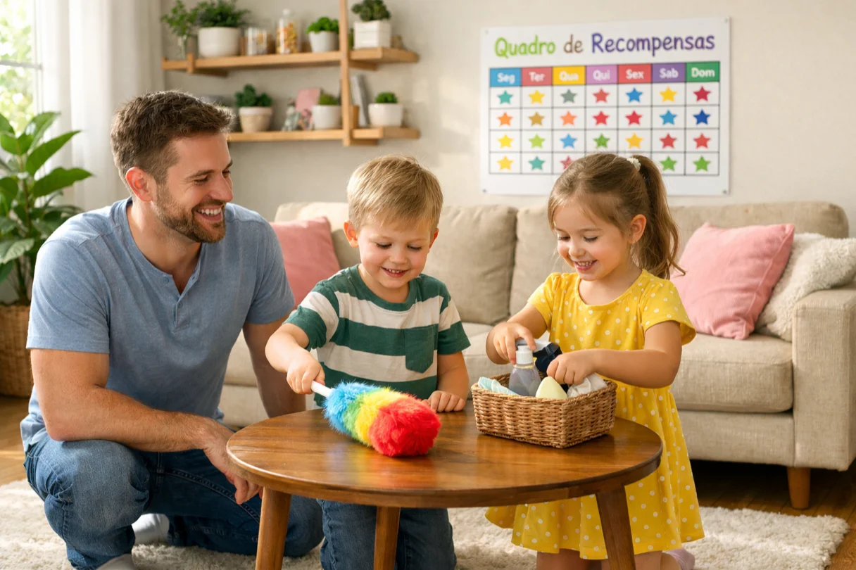 Crianças fazendo tarefas divertidas na sala de estar