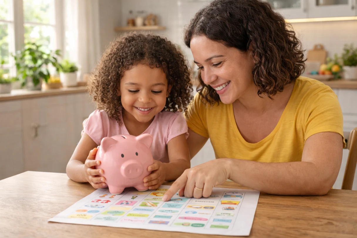 Mãe e filho conversando sobre educação financeira em casa
