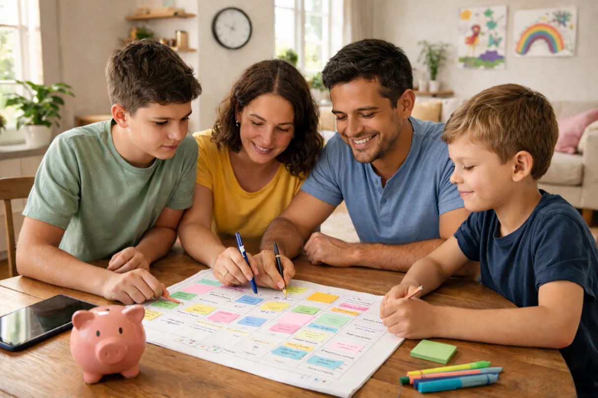 Pai e filho planejando a mesada juntos