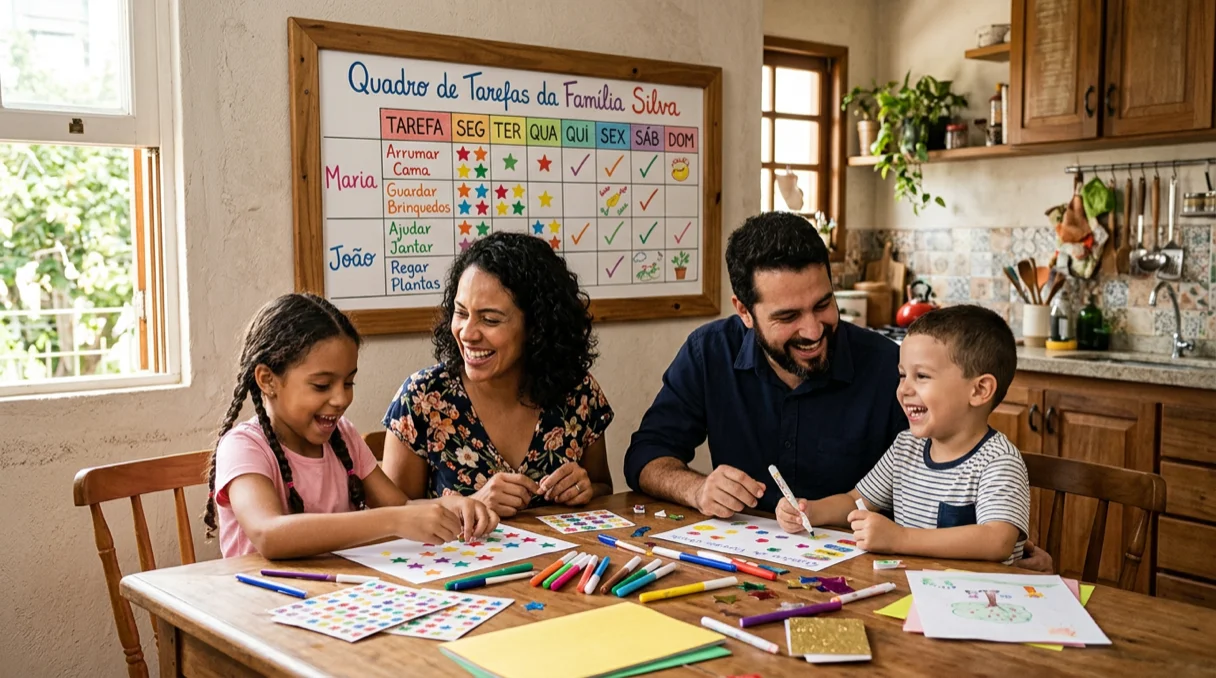 Família usando quadro de tarefas para organizar a rotina